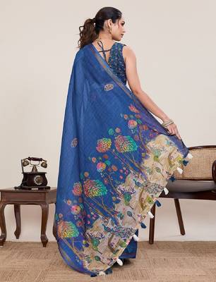 Blue printed zari border with mirror work linan saree with blouse 4