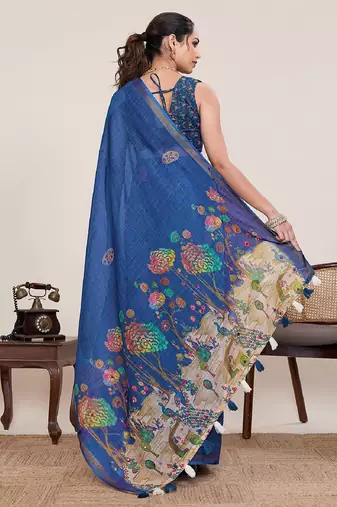 Blue printed zari border with mirror work linan saree with blouse