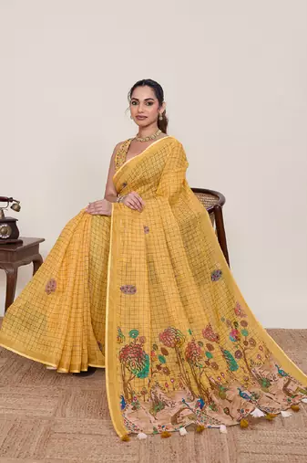 Yellow printed zari border with mirror work linan saree with blouse