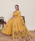 Yellow printed zari border with mirror work linan saree with blouse