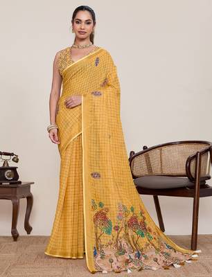 Yellow printed zari border with mirror work linan saree with blouse 2