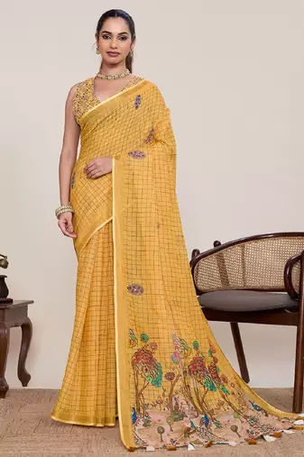 Yellow printed zari border with mirror work linan saree with blouse