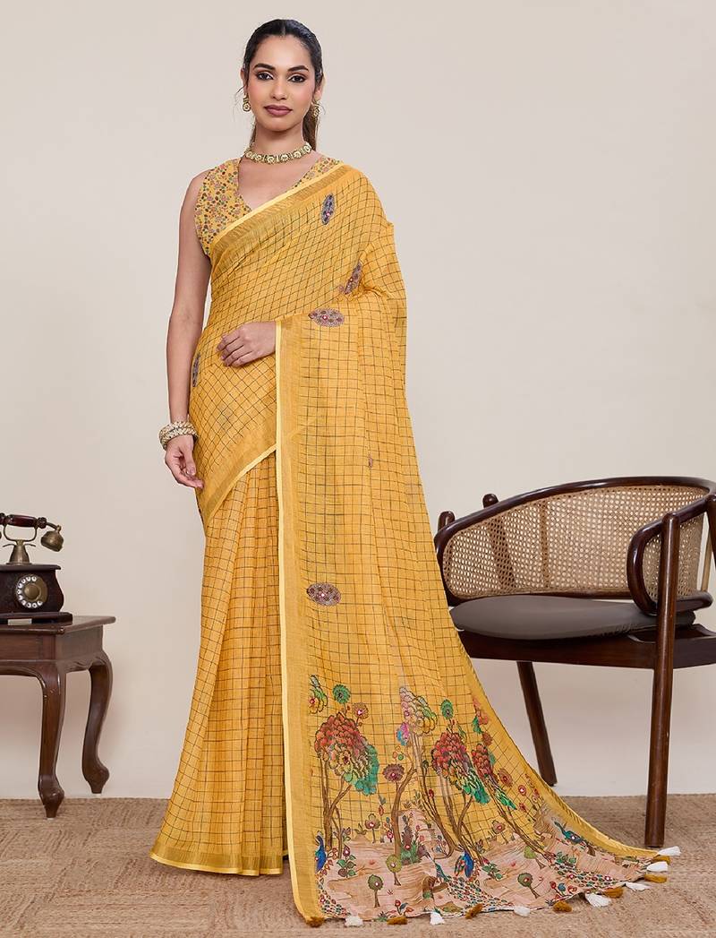 Yellow printed zari border with mirror work linan saree with blouse