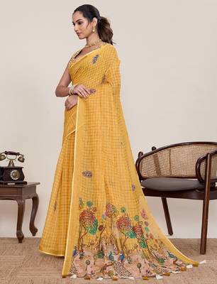 Yellow printed zari border with mirror work linan saree with blouse 3