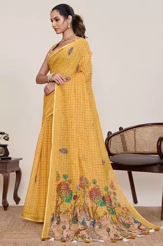 Yellow printed zari border with mirror work linan saree with blouse