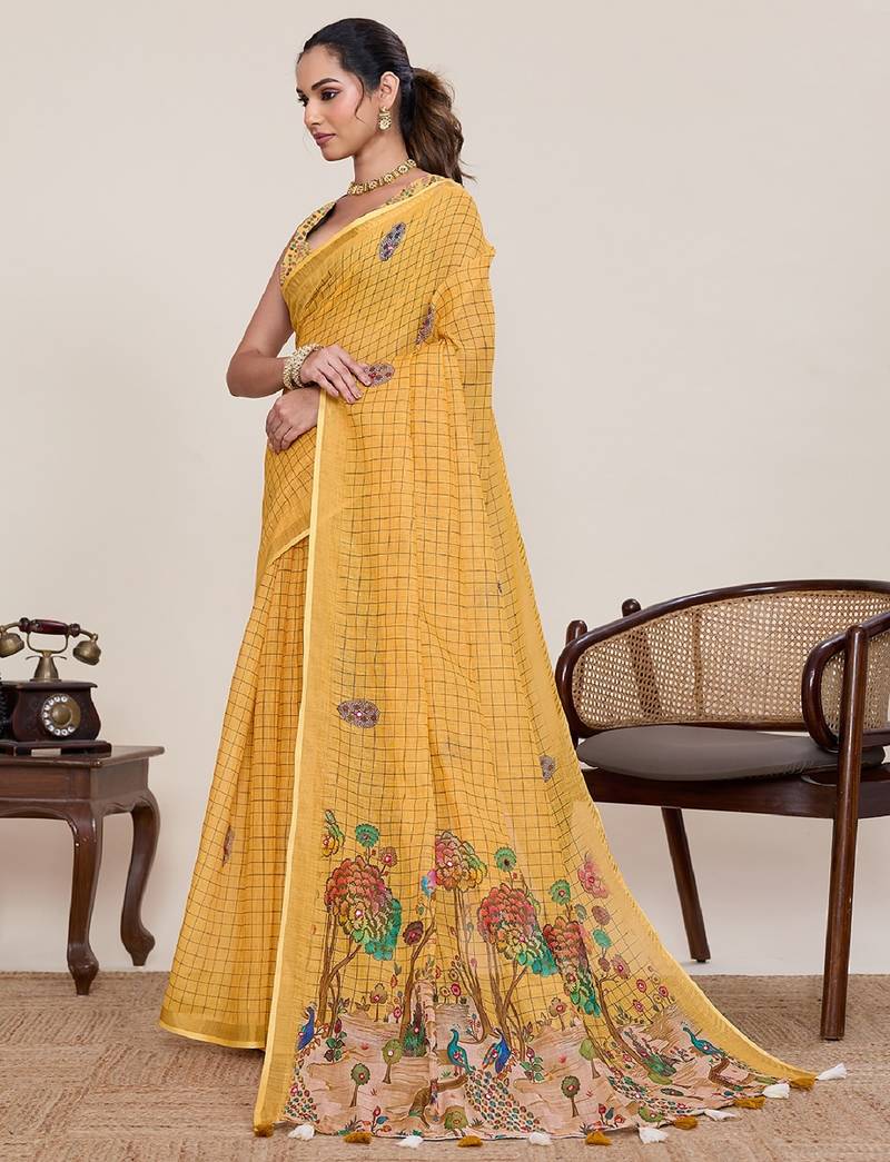 Yellow printed zari border with mirror work linan saree with blouse