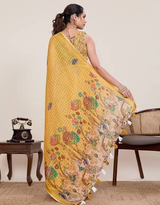 Yellow printed zari border with mirror work linan saree with blouse 4