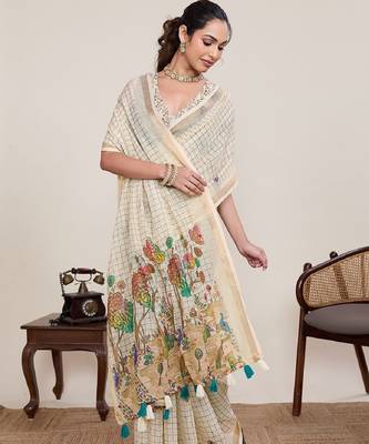 White printed zari border with mirror work linan saree with blouse 1