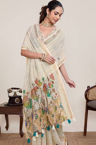 White printed zari border with mirror work linan saree with blouse