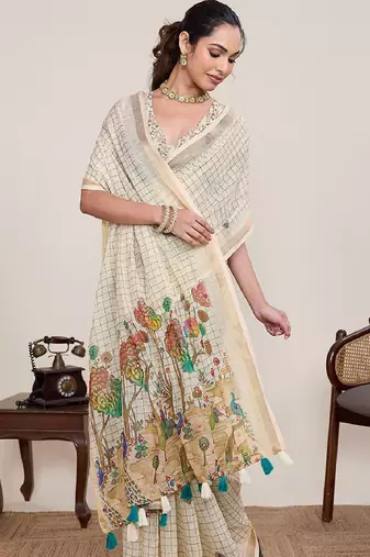 White printed zari border with mirror work linan saree with blouse