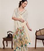 White printed zari border with mirror work linan saree with blouse