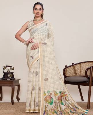 White printed zari border with mirror work linan saree with blouse 2