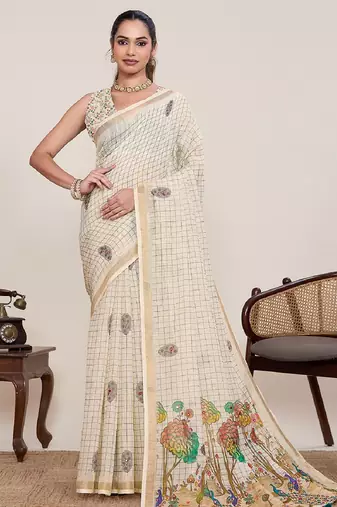 White printed zari border with mirror work linan saree with blouse