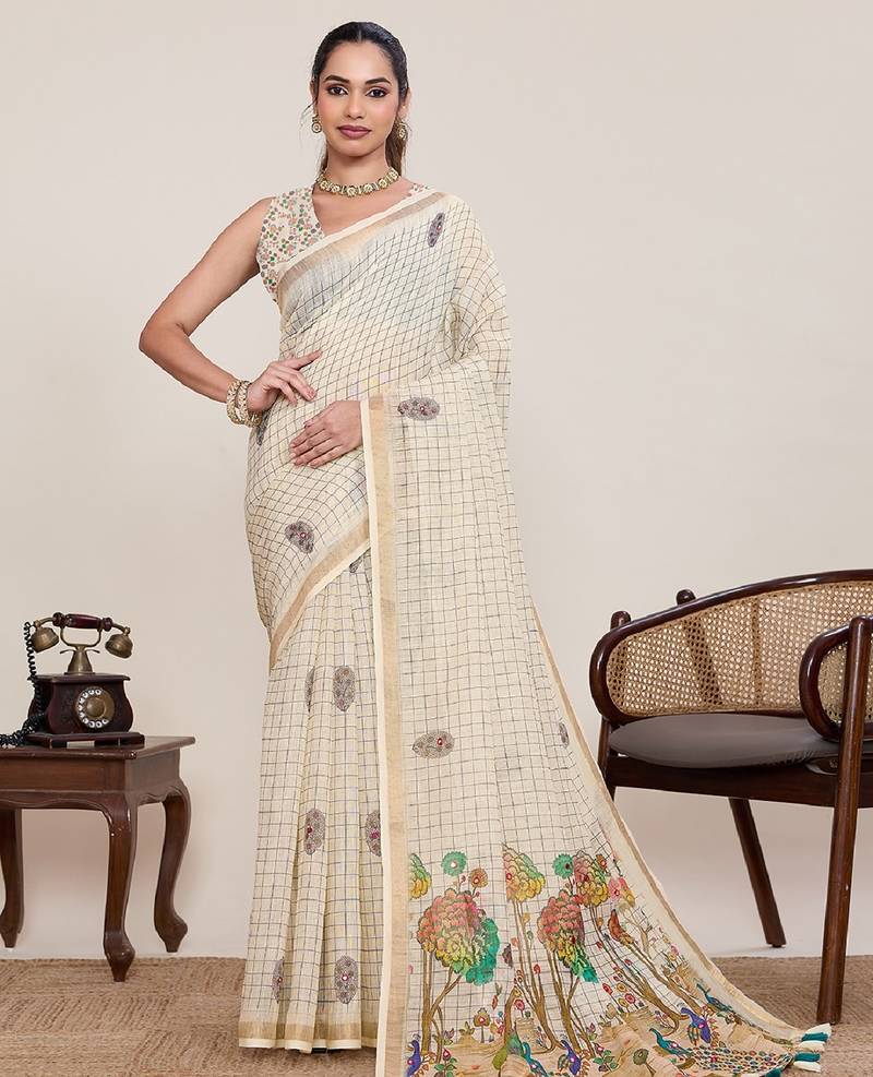White printed zari border with mirror work linan saree with blouse