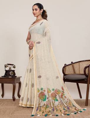 White printed zari border with mirror work linan saree with blouse 3