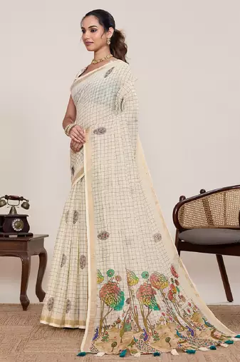 White printed zari border with mirror work linan saree with blouse