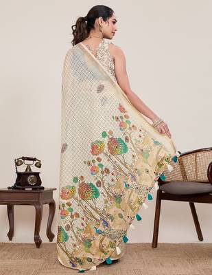 White printed zari border with mirror work linan saree with blouse 4
