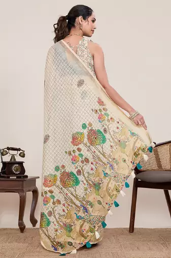 White printed zari border with mirror work linan saree with blouse