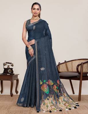 Black printed zari border with mirror work linan saree with blouse 2