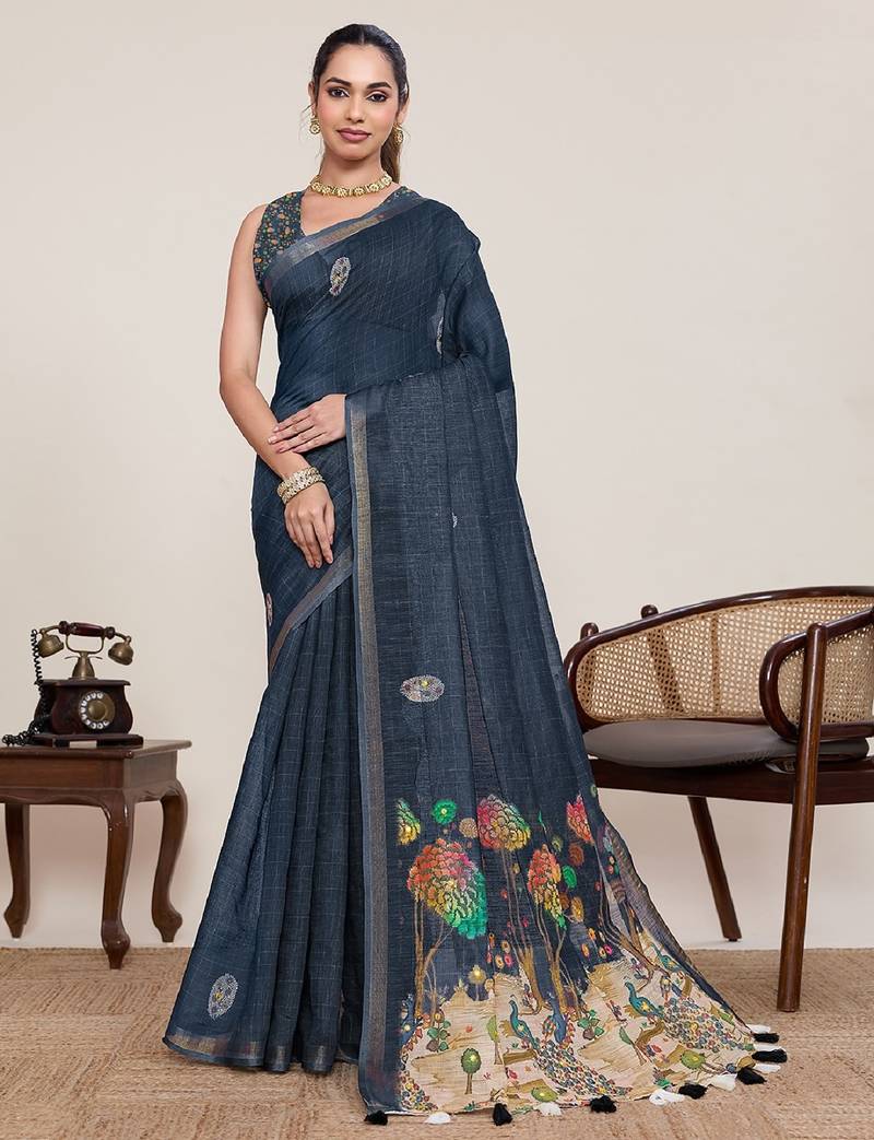 Black printed zari border with mirror work linan saree with blouse