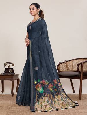 Black printed zari border with mirror work linan saree with blouse 3