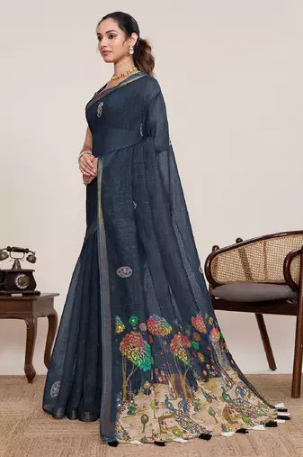 Black printed zari border with mirror work linan saree with blouse