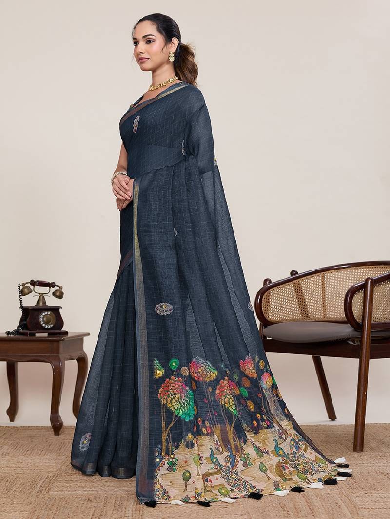 Black printed zari border with mirror work linan saree with blouse