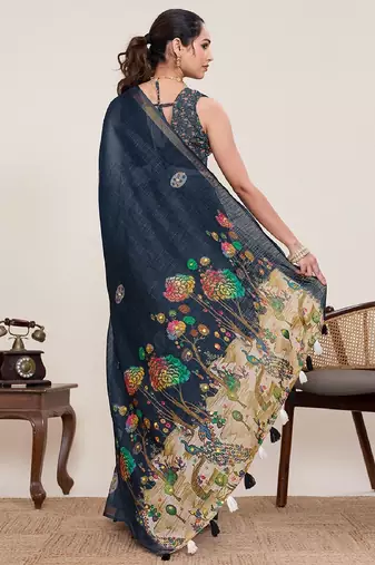 Black printed zari border with mirror work linan saree with blouse
