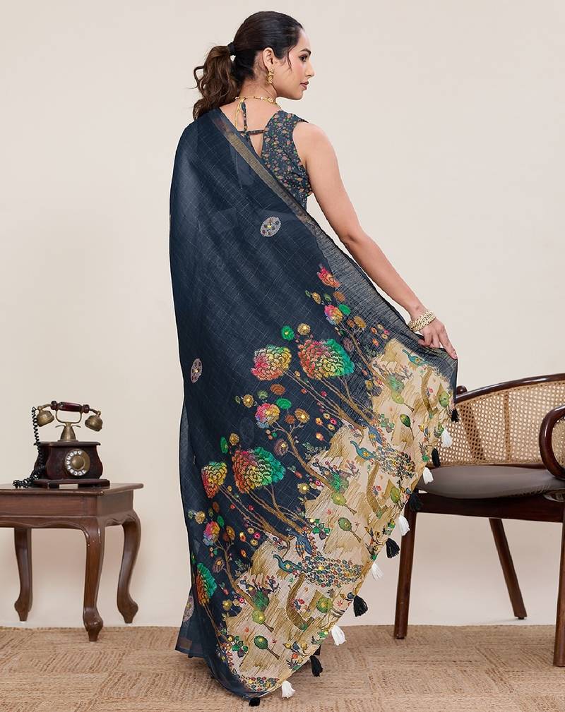 Black printed zari border with mirror work linan saree with blouse