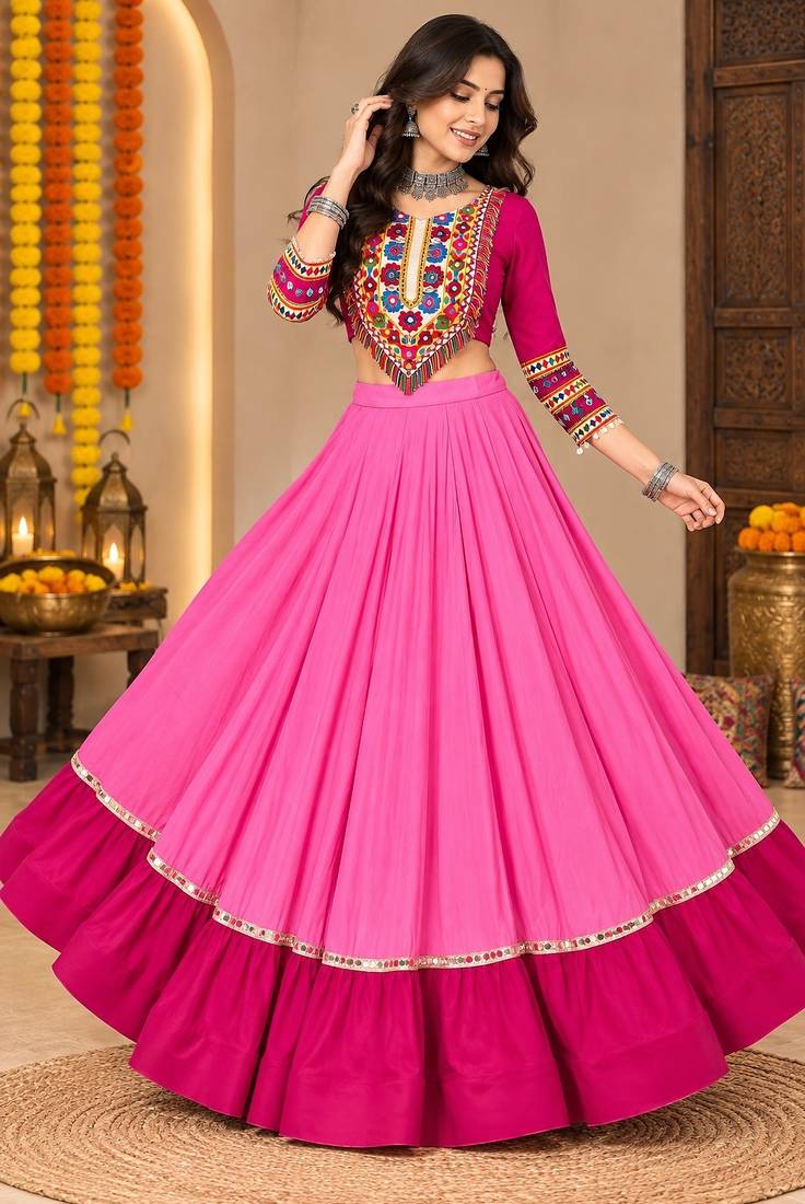 Pink  Color Designer Chaniya Choli for Navratri and Garba - Full stitched free size