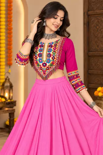 Pink  Color Designer Chaniya Choli for Navratri and Garba - Full stitched free size