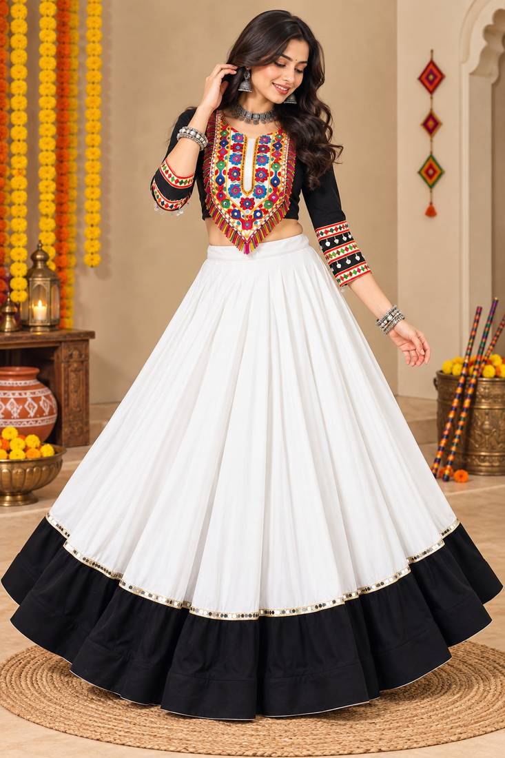White Color Designer Chaniya Choli for Navratri and Garba - Full stitched free size