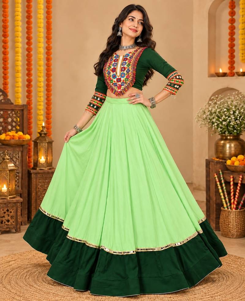 Parrot Color Designer Chaniya Choli for Navratri and Garba - Full stitched free size