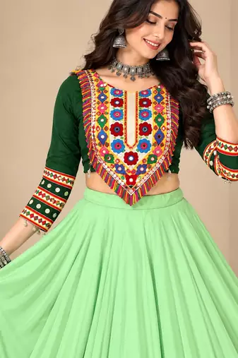 Parrot Color Designer Chaniya Choli for Navratri and Garba - Full stitched free size