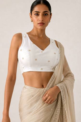 White butti work padded capri silk side smocked stretchable