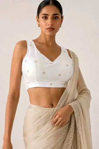 White butti work padded capri silk side smocked stretchable