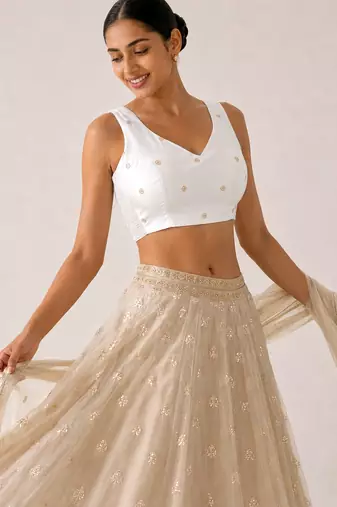 White butti work padded capri silk side smocked stretchable