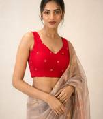 Red butti work padded capri silk side smocked stretchable