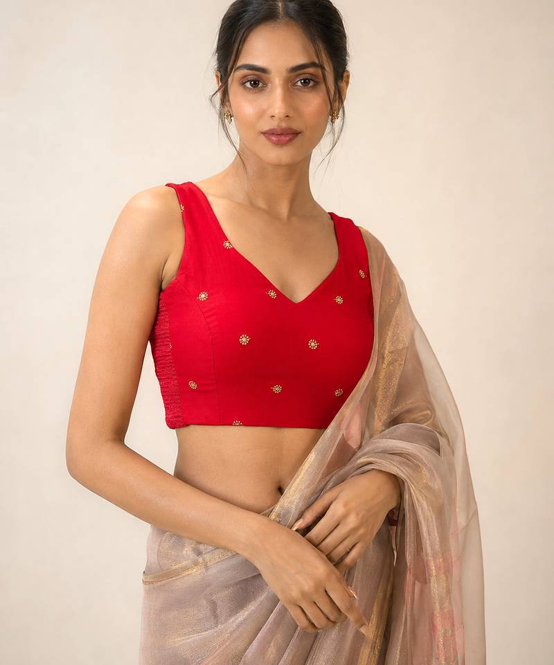Red butti work padded capri silk side smocked stretchable