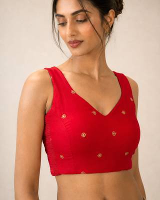 Red butti work padded capri silk side smocked stretchable 2