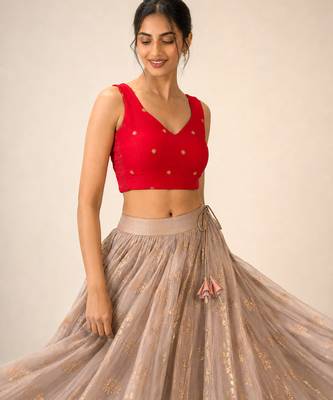 Red butti work padded capri silk side smocked stretchable 5
