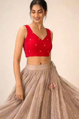 Red butti work padded capri silk side smocked stretchable