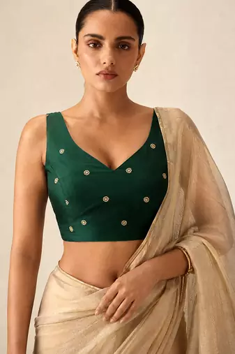 Bottle green butti work padded capri silk side smocked stretchable
