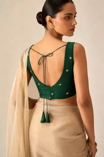 Bottle green butti work padded capri silk side smocked stretchable