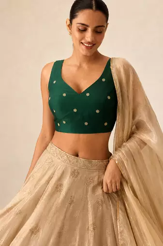 Bottle green butti work padded capri silk side smocked stretchable