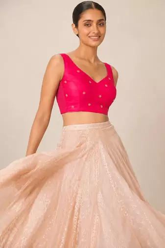 Pink butti work padded capri silk side smocked stretchable