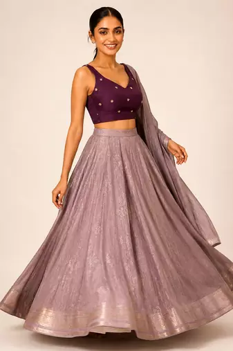 Purple butti work padded capri silk side smocked stretchable