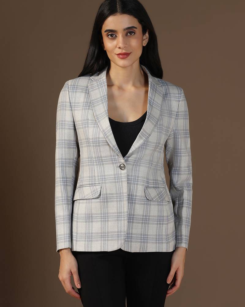 Women grey & blue checks blazer