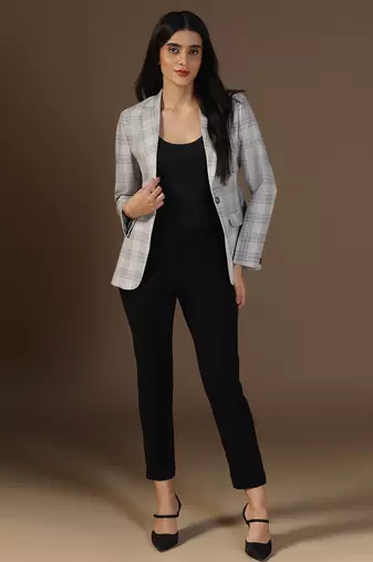 Women grey & blue checks blazer