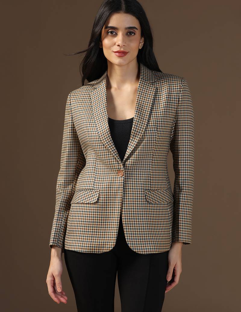 Women brown multi check blazer